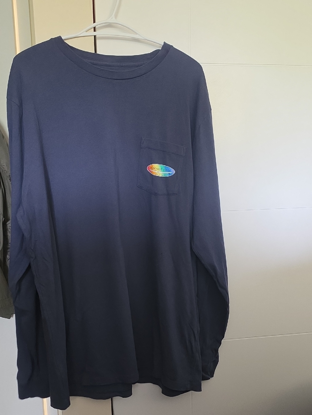 Vineyard Vines Navy Long Sleeve Pocket Tee with Rainbow Whale Patch